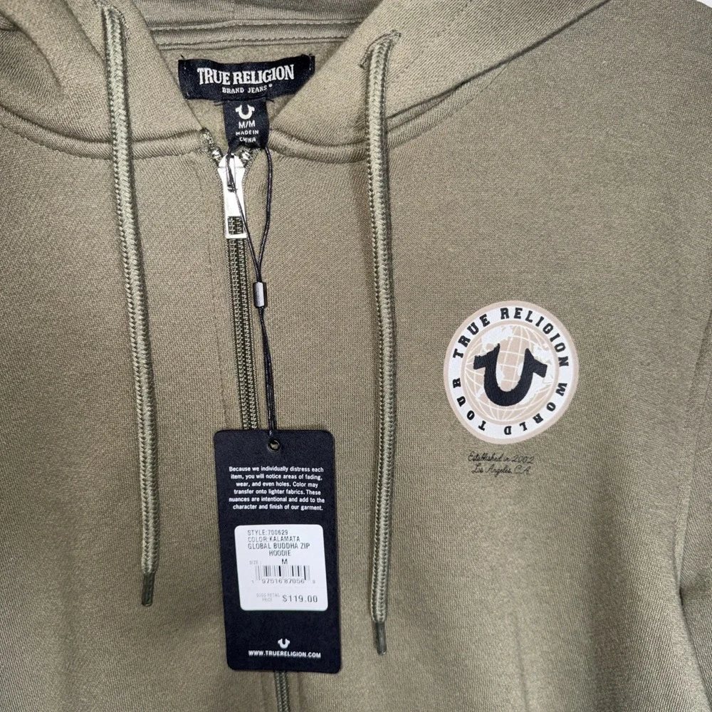 True Religion Hoodie Mens M‎ Green Buddha Full Zip Sweatshirt Fleece Sweater NWT